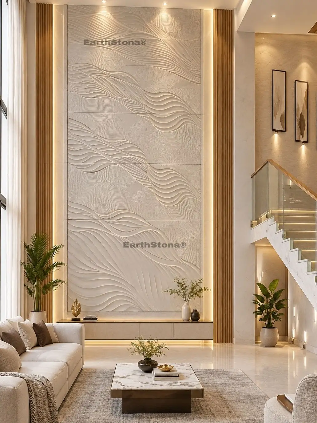 Wavy Contemporary Relief Natural Stone Wall Carving - EarthStona®